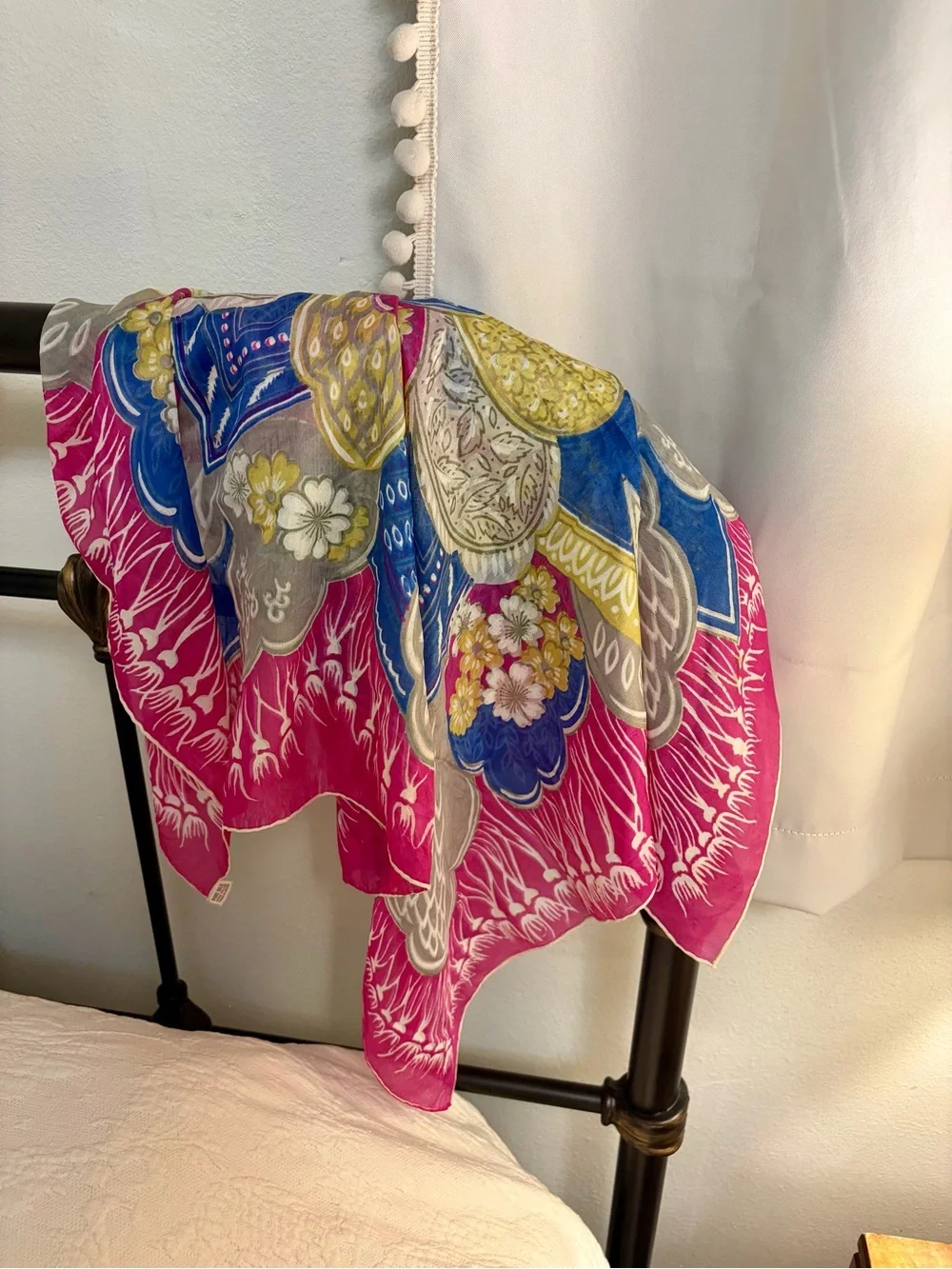 Vibrant Floral Silk Scarf in Fuchsia, Blue & Yellow